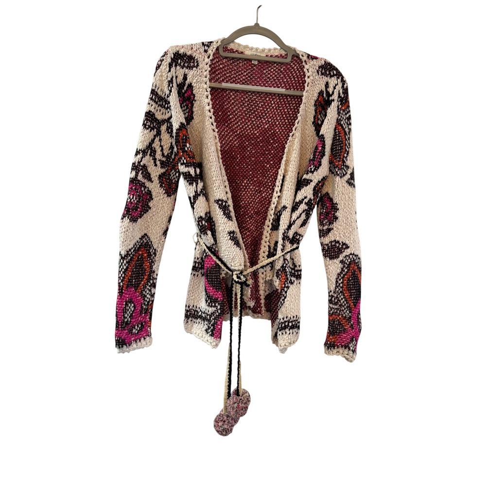 Umgee Womens Floral Paisley Knit Cardigan Sweater Pink Orange Pom Pom boho small